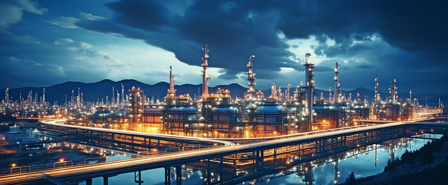 Landscape view of a power plant, lit up at night under a dark and cloudy sky